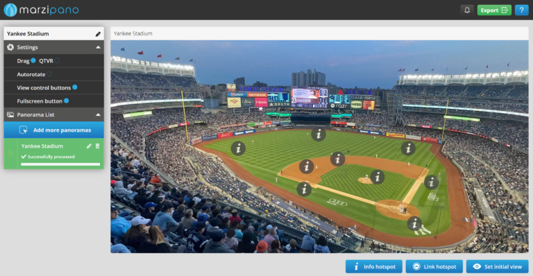 Marzipano tool interface displaying a 360° panoramic view of Yankee Stadium with interactive hotspots and editing options.